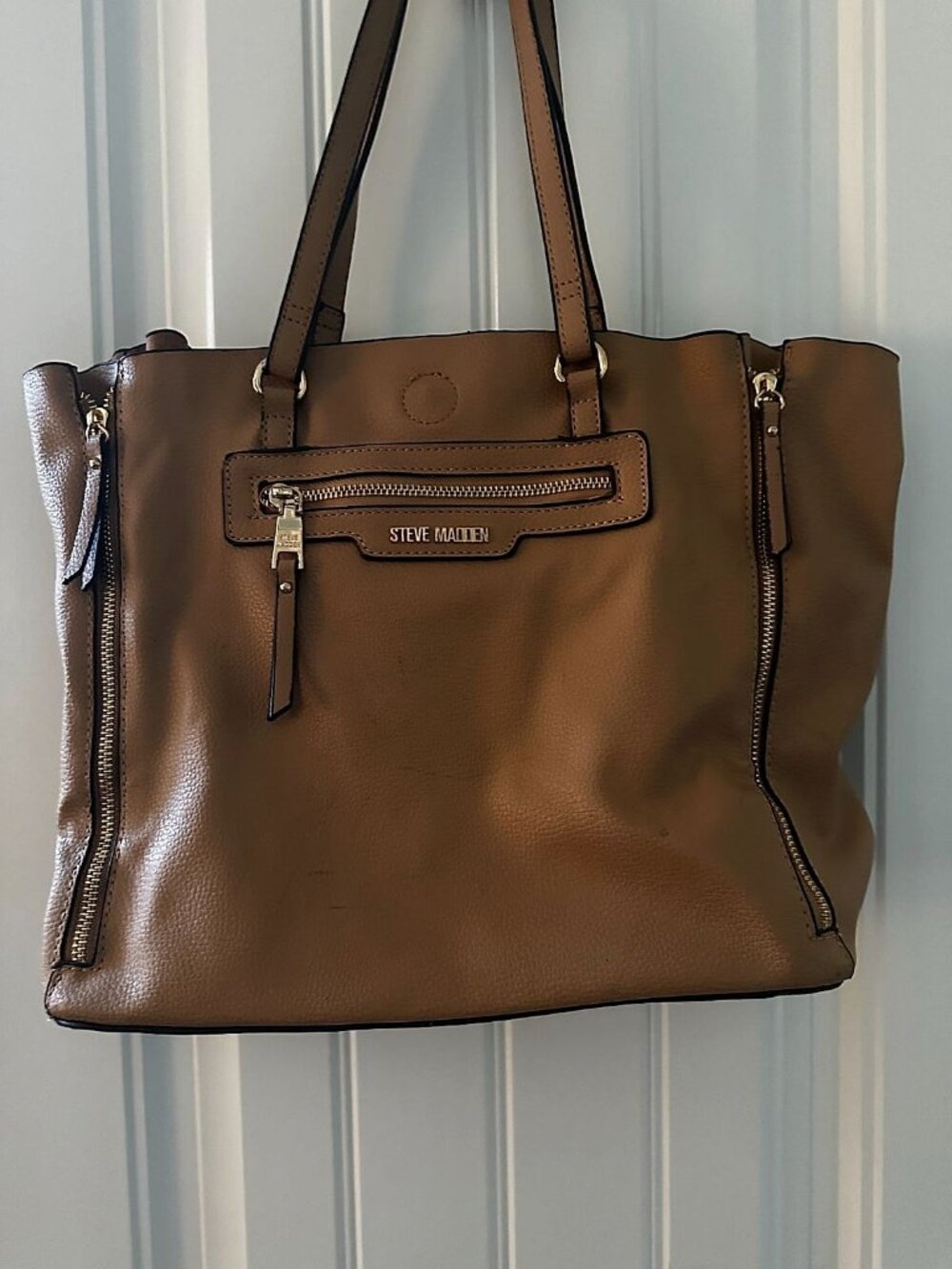 Steve Madden Tan Faux Leather Tote Shoulder Bag with Side Zip Gussets
